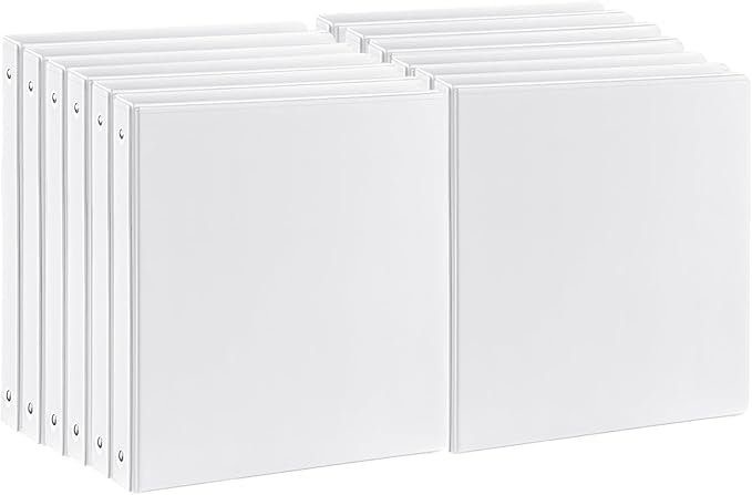 1 inch 3-Ring Binder, 1" Round Ring Binders with 2 Inside Pockets, View Basic 1 in Binders, Clear View Cover 1-inch-Binder Holds 8.5'' x 11''Paper for Office/Home/Back to School（Pack of 12, White