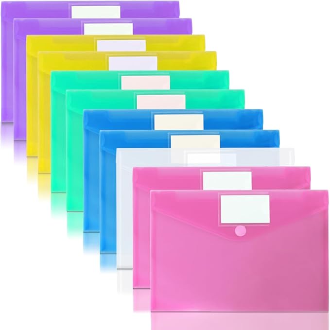 11 Pack Plastic Poly Filing Envelopes, Clear Document Folders US Letter A4 Size File Envelopes with Label Pocket & Paste Button for School Home Work Office Organization, 6 Assorted Color