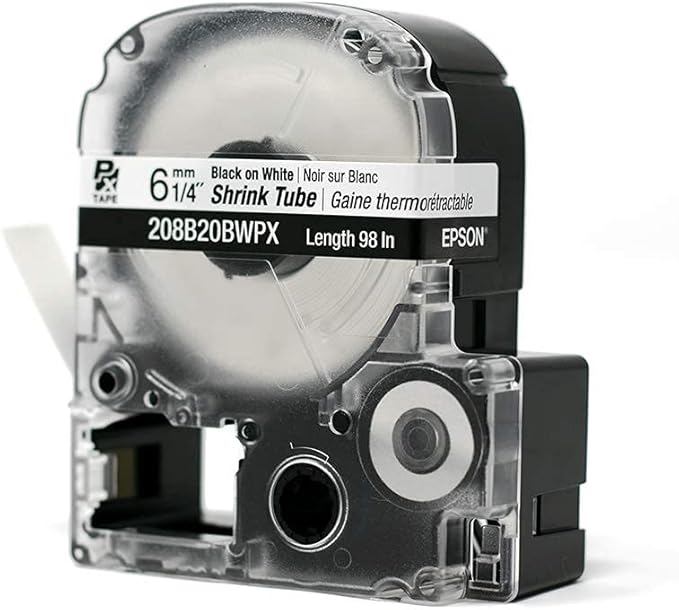 Epson LABELWORKS 208B20BWPX Genuine Tape Cartridge - Black on White Shrink Tube Industrial Label Maker Tape - AWG 6-18, 1/4" (6MM) Wide, 8 ft (98")