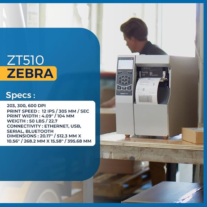 Zebra ZT510 Thermal Transfer & Direct Thermal Rugged Industrial Printer | 203 DPI | ZT51042-T010000Z | USB Bluetooth Serial Ethernet Connectivity | Replaces 105SL Plus | Includes Jet Set Software