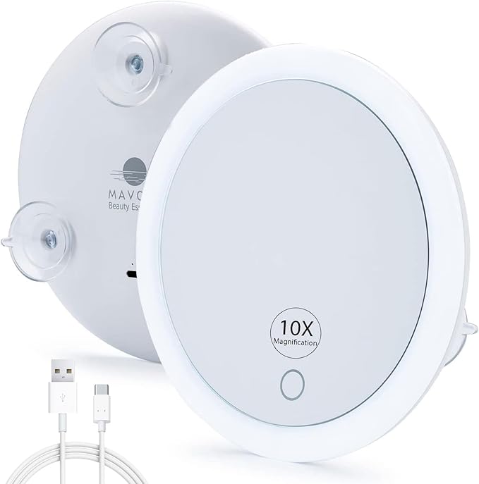 10X Magnifying Mirror with LED Light and 3 Strong Suction Cups. Compact, Lighted Makeup Mirror (USB Rechargeable Built-in Battery)