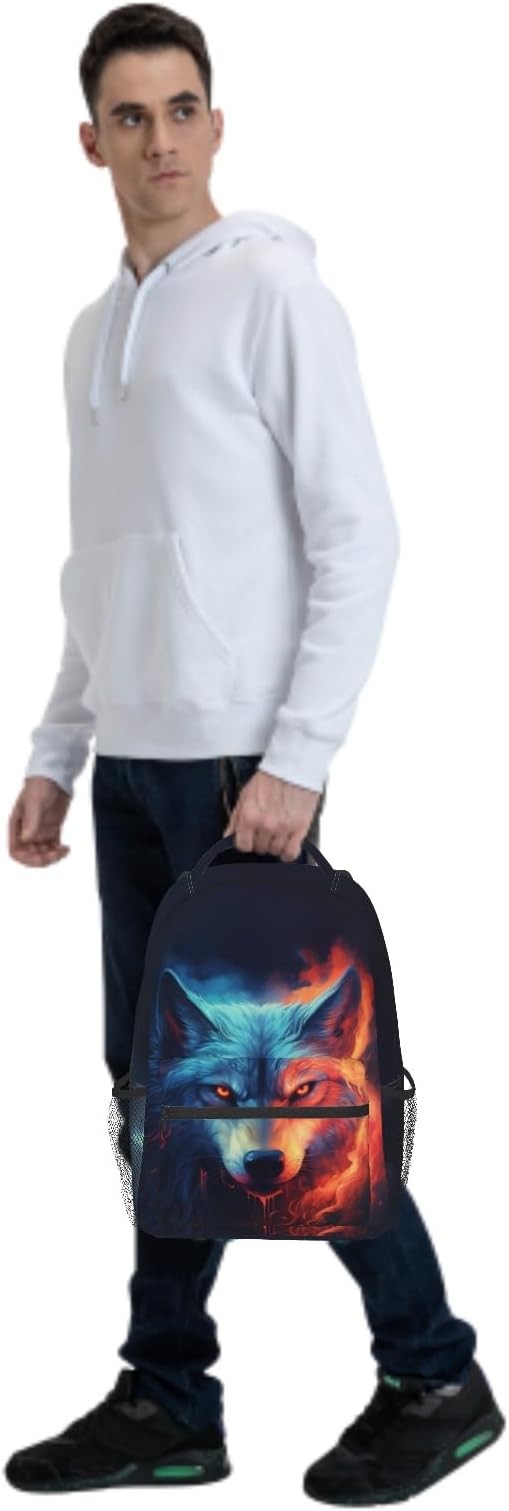Giwawa Wolf Backpack for School, Blue Red Fire Wolf Animal Lightweight Sports Bookbags Shoulder Pack Laptop Casual Daypack Travel Bag for Women Men Boys Girls Teens Students