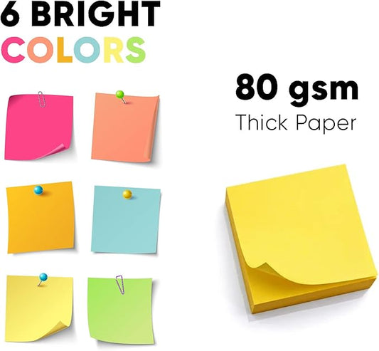 (12 Pads) Sticky Notes 3x3 in 100 Sheets/Pad, Self-Sticky Note Pads, 6 Bright Colors Super Sticky Pads - Easy to Post for School, Office Supplies, Desk Accessories