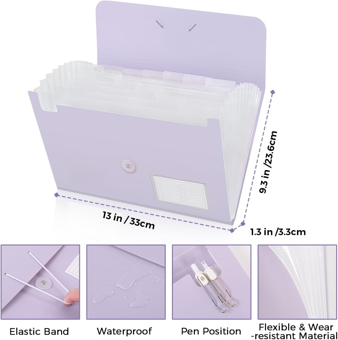 SKYDUE Expanding File Folder, Accordion File Organizer with 13 Pockets for A4/Letter Sized Paper, Accordion Folder with Labels - Document Receipt Organizer for Office, School, Home Purple