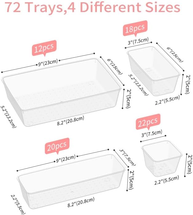 72 PCS Plastic Drawer Organizer Set, 4-Size Clear Bathroom and Vanity Desk Drawer Organizer Trays, Non-Slip Versatile Storage Divider Bins for Makeup Jewelry Bedroom Office Kitchen Gadgets