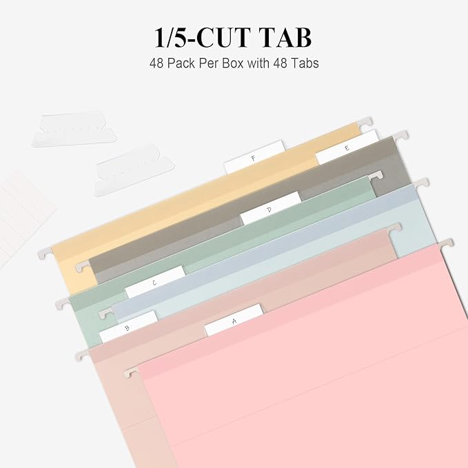 ViVin Hanging File Folders, 1/5-Cut Adjustable Tabs with 48 Per Box, 2 Inch Expansion, 48 Pack Letter Size Hanging File Folders, Designed for Office Home School Filing Cabinet(Assorted)