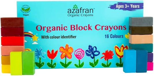 Azafran Non Toxic Organic Block Crayons 16 Colors for Toddlers - Plant Based, Natural Hypoallergenic Jumbo Crayons in Crayon Box, Non Greasy, Food Grade Colors, Paraffin free, 4.23 oz (120 Gram)