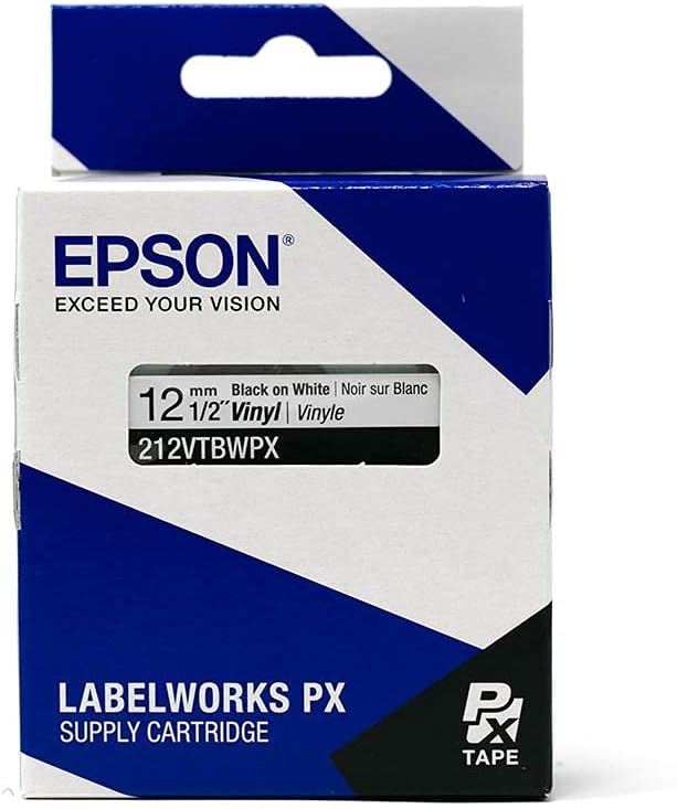 Epson LABELWORKS 212VTBWPX Genuine Tape Cartridge - Black on White Flexible and Durable Vinyl Industrial Label Maker Tape - 1/2" (12MM) Wide, 22.9 ft