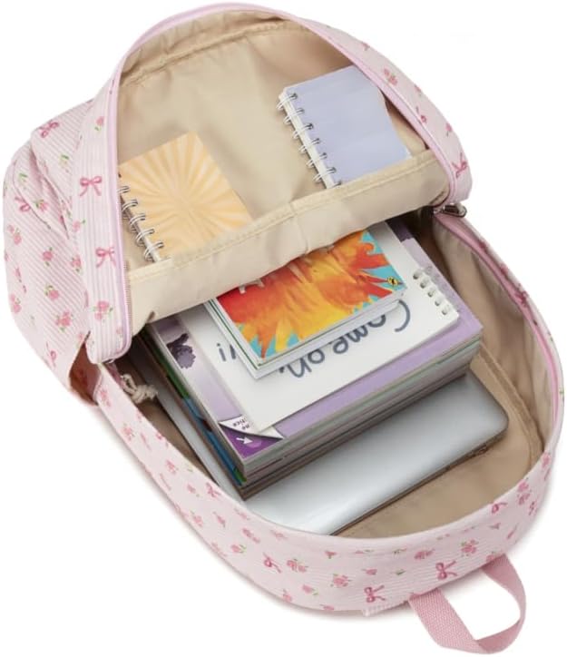 School Backpack for Teens Large Corduroy Bookbag Lightweight Girls Boys Casual High School College 17 inch Laptop Travel Bag (Pink Bow Floral-1)
