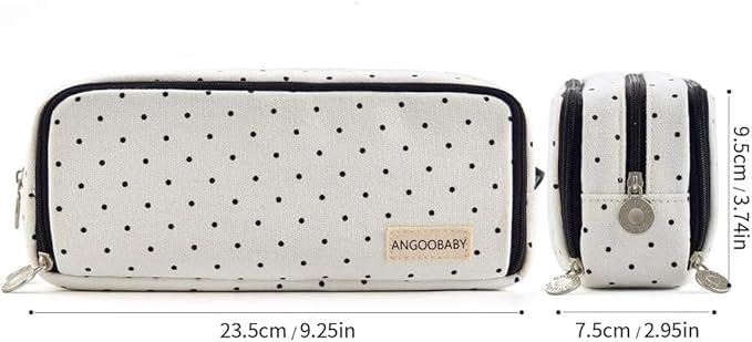 ANGOOBABY Large Pencil Case Big Capacity 3 Compartments Canvas Pencil Pouch for Teen Boys Girls School Students (Black Dot)