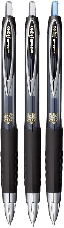 Signo 207 Roller Ball Retractable Gel Pens, Ultra Micro Point (0.38mm), Assorted colors Black And Blue Ink, 3 Count, Bundle with Plastic Reusable Pouch