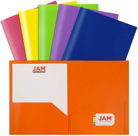 JAM PAPER Plastic 2 Pocket POP Folders - Durable School Folders - Assorted Primary Colors - Bulk 48 Folders/Box (8 Assorted Packs of 6)