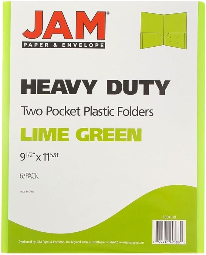 JAM PAPER Heavy Duty Plastic 2 Pocket Extra Tough School Folders - Lime Green - 6/Pack