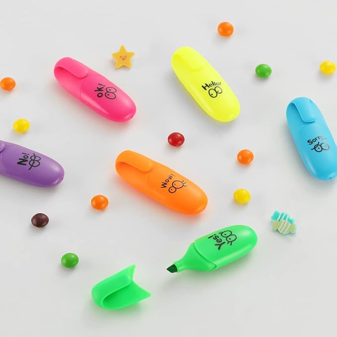 6 pieces Tiny Markers Fluorescent Colors Mini Highlighter Pen Neon Color Chisel Tip Cute Design Kawaii Gift