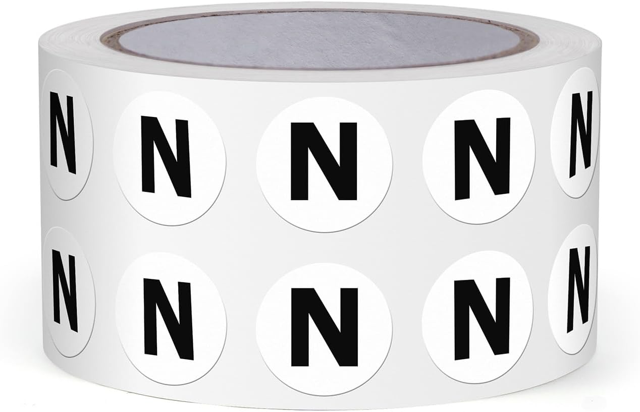 Letter N Round Labels 0.5 Inch Vinyl Circle Capital Alphabet Stickers Self-Adhesive Removable Waterproof Dots Tags for Home Office Inventory 1000 PCS