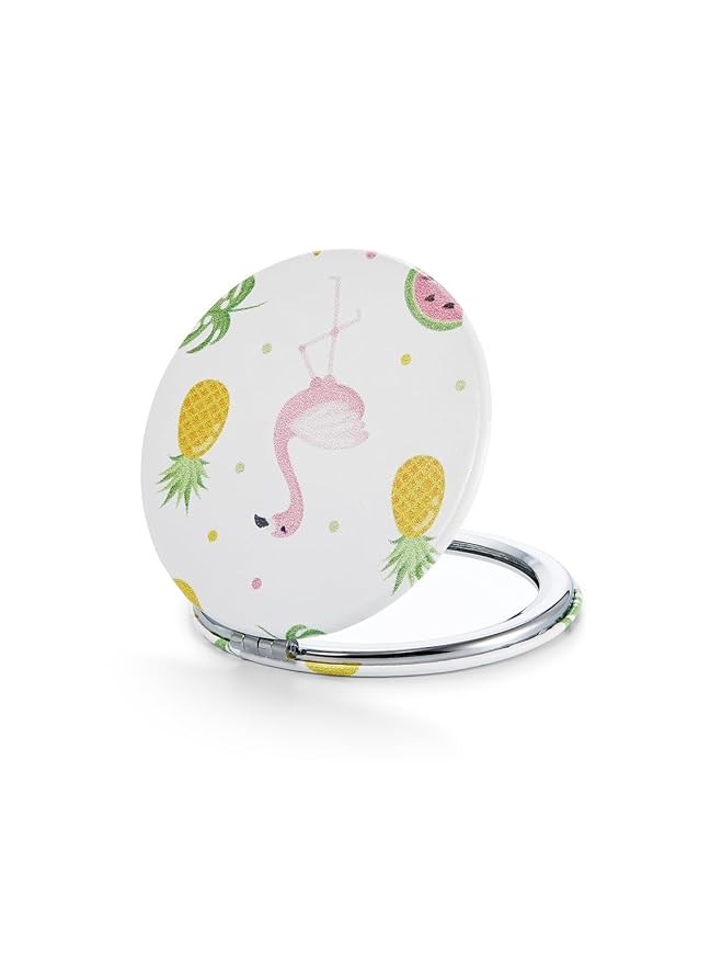 OMIRO 1X/10X Compact Magnifying Mirror, Unique Painting Pocket Mirror with Classical PU Leather (Round, Flamingo and Tropical Print)