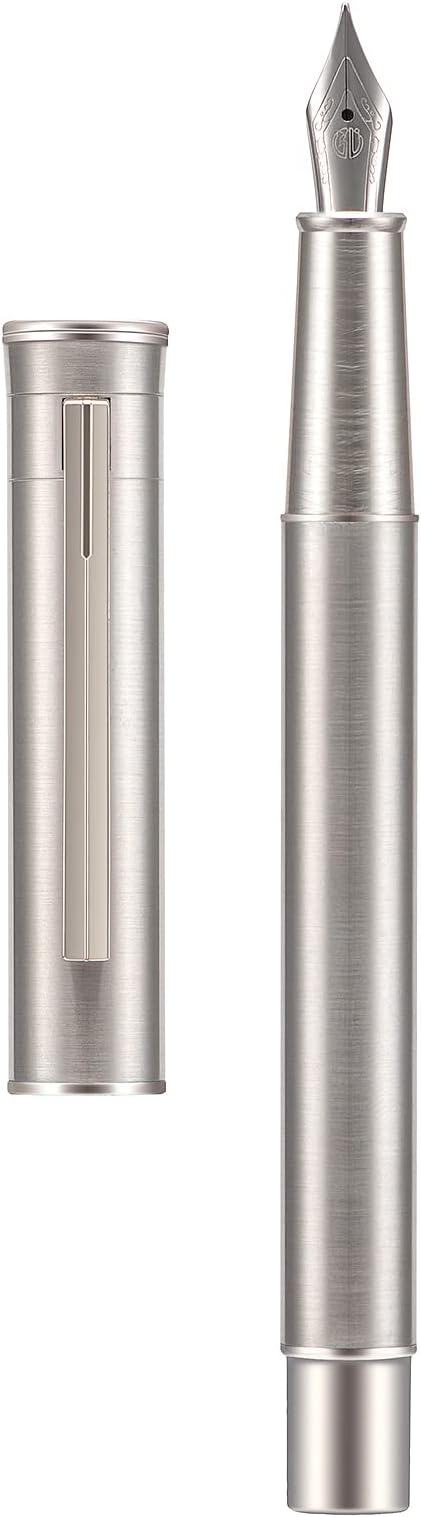 Hongdian 1861 Stainless Steel Fountain Pen Long Blade Nib, Classic Design Smooth Writing Pen with Converter and Metal Pen Case Set