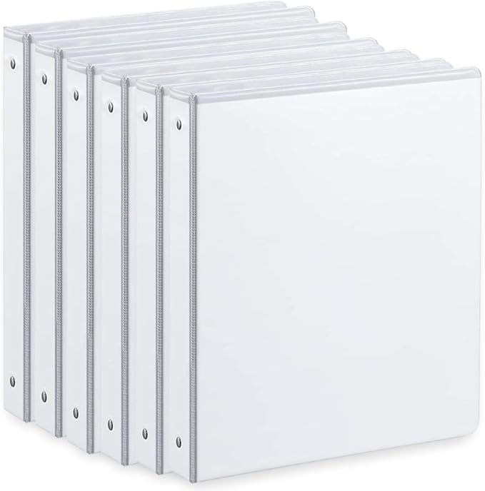 1 Inch Binders 3 Ring, with 2 Interior Pockets,Holds 200 Sheets Letter Size Paper,Resistant,PVC Free,White Three Round Ring Binders for Office, Home, and School Use，White Color,6 Pack