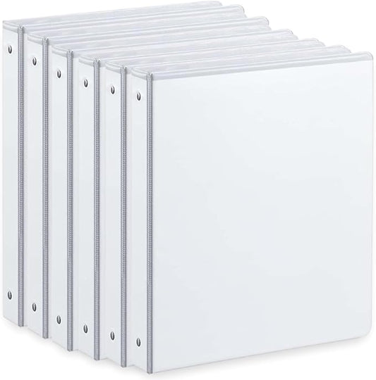 1 Inch Binders 3 Ring, with 2 Interior Pockets,Holds 200 Sheets Letter Size Paper,Resistant,PVC Free,White Three Round Ring Binders for Office, Home, and School Use，White Color,6 Pack