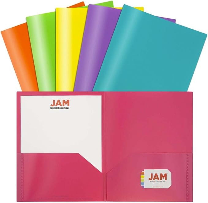 JAM PAPER Plastic 2 Pocket POP Folders - Durable School Folders - Assorted Fashion Colors - Bulk 48 Folders/Box (8 Assorted Packs of 6)