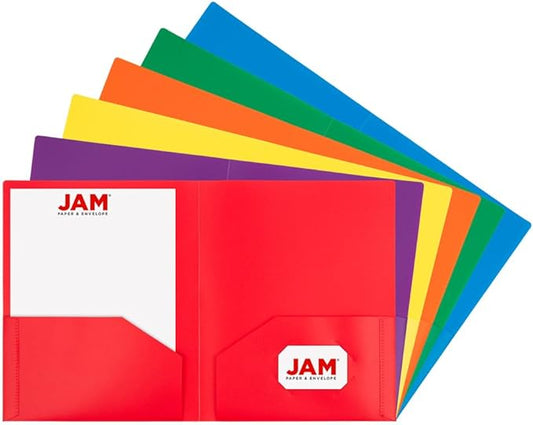 JAM PAPER Heavy Duty Plastic 2 Pocket Extra Tough School Folders - Assorted Primary Colors - Bulk 48 Folders/Box (8 Assorted Packs of 6)