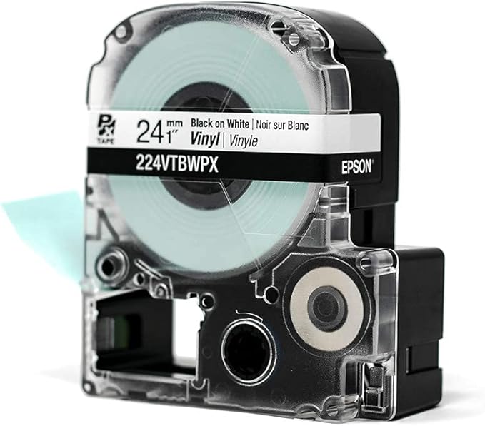 Epson LABELWORKS 224VTBWPX Genuine Tape Cartridge - Black on White Flexible and Durable Vinyl Industrial Label Maker Tape - 1" (24MM) Wide, 22.9 ft
