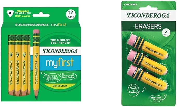 Ticonderoga My First Short Triangular Wood-Cased Pencils, 2 HB Soft, 12 Count Erasers, Pencil Shaped, 3-Pack Bundle