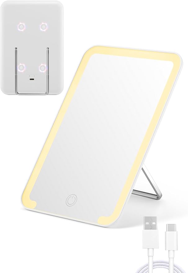 Qislee Magnetic Locker Mirror, 8 x 5 inches Travel Makeup Mirror with Light and Foldable Stand, 3 Color Modes Touch Dimming, Perfect Travel Accessory, White