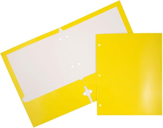 JAM PAPER Laminated Two Pocket Glossy 3 Hole Punch School Folders - Letter Size - High Gloss Yellow - Bulk 25/Pack