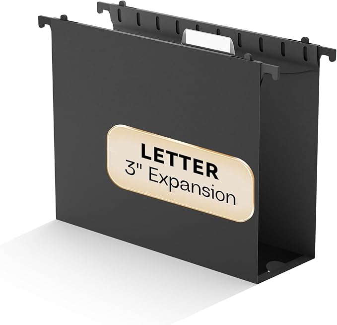 Plastic Hanging File Folder Letter Size,Heavy Duty 3 inch Expansion,Reinforced Black Large Hanging Folders,Insert Gasket,Adjustable Tabs,Filing Cabinet Folders for Office/School/Home,12 Pack