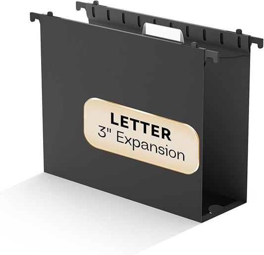 Plastic Hanging File Folder Letter Size,Heavy Duty 3 inch Expansion,Reinforced Black Large Hanging Folders,Insert Gasket,Adjustable Tabs,Filing Cabinet Folders for Office/School/Home,12 Pack
