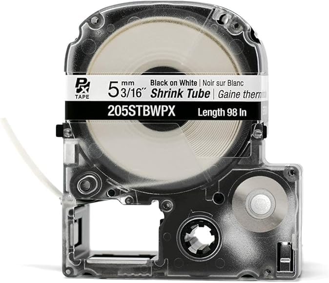 Epson LABELWORKS 205STBWPX-5PK Genuine Tape Cartridge - 5 Unit Pack of Black on White Shrink Tube Industrial Label Maker Tape - AWG 8-12, 3/16" (5MM) Wide, 8 ft (96") - 5 Pack