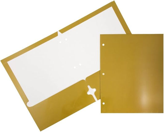 JAM PAPER Laminated Two Pocket Glossy 3 Hole Punch School Folders - Letter Size - High Gloss Gold - Bulk 50/Box