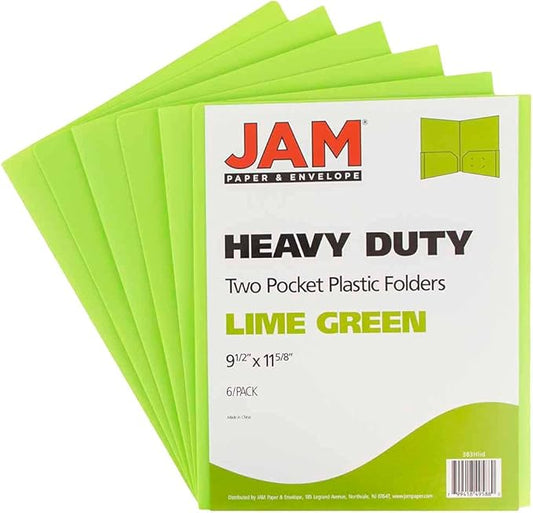 JAM PAPER Heavy Duty Plastic 2 Pocket Extra Tough School Folders - Lime Green - 6/Pack