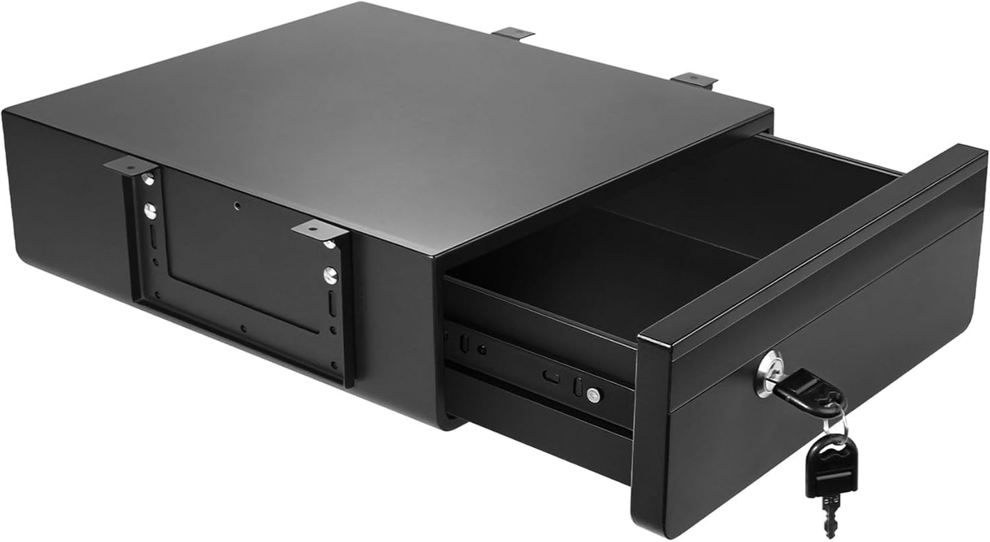 POPMOON 14 In Under Desk Drawer,Under Desk Pull Out Drawer with Lock and Keys,Adjustable Height, Metal Storage Drawer with Slide Extension Mounted Under Flat Wooden Table or Workbench,Black