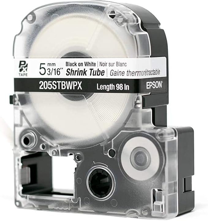 Epson LABELWORKS 205STBWPX Genuine Tape Cartridge - Black on White Shrink Tube Industrial Label Maker Tape - AWG 8-12, 3/16" (5MM) Wide, 8 ft (96")