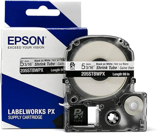 Epson LABELWORKS 205STBWPX Genuine Tape Cartridge - Black on White Shrink Tube Industrial Label Maker Tape - AWG 8-12, 3/16" (5MM) Wide, 8 ft (96")