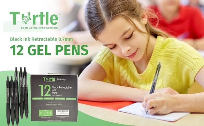 Turtle Swift Gel Pens – Retractable Gel Pens with Black Ink, 0.7mm Medium Point Ballpoint Pens for Writing, Journaling, Note-Taking – Quick-Drying, Smudge-Free – School & Office Supplies - 12-Pack