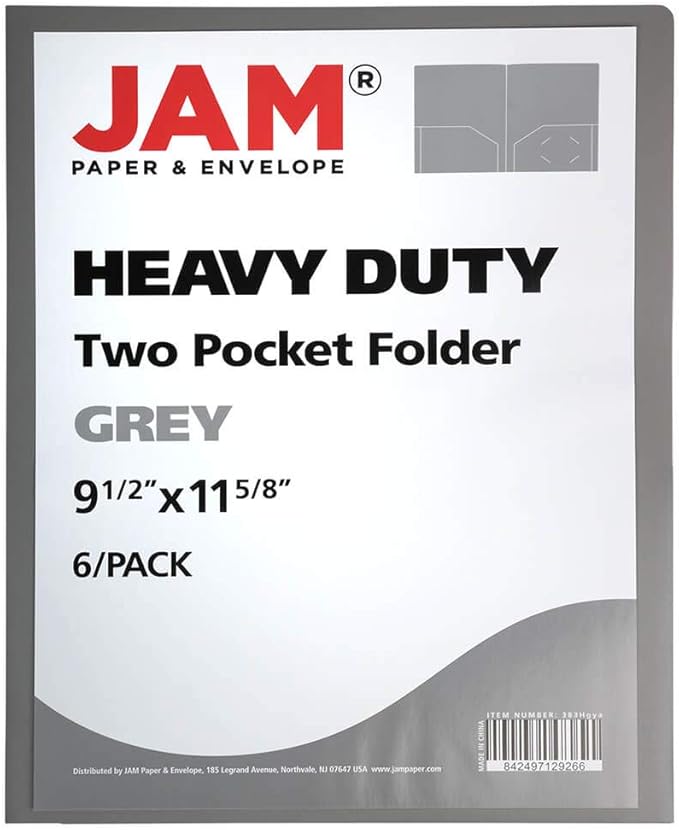 JAM PAPER Heavy Duty Plastic 2 Pocket Extra Tough School Folders - Grey - 6/Pack