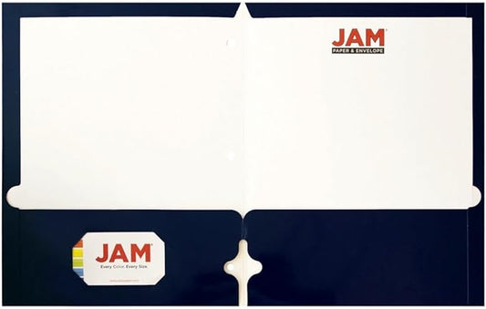 JAM PAPER Laminated Two Pocket Glossy 3 Hole Punch School Folders - Letter Size - High Gloss Navy Blue - Bulk 100/Box