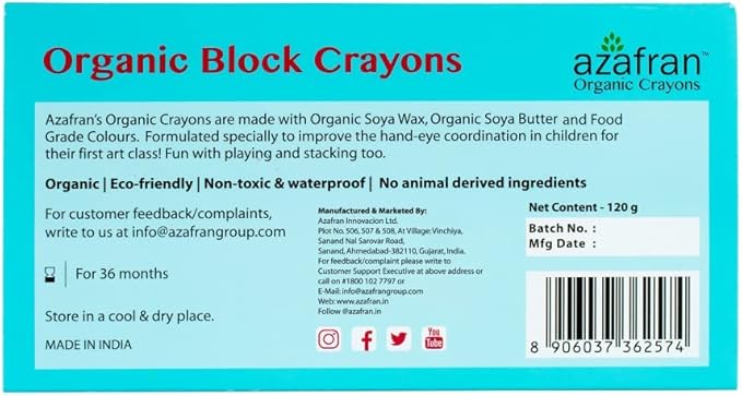 Azafran Non Toxic Organic Block Crayons 16 Colors for Toddlers - Plant Based, Natural Hypoallergenic Jumbo Crayons in Crayon Box, Non Greasy, Food Grade Colors, Paraffin free, 4.23 oz (120 Gram)