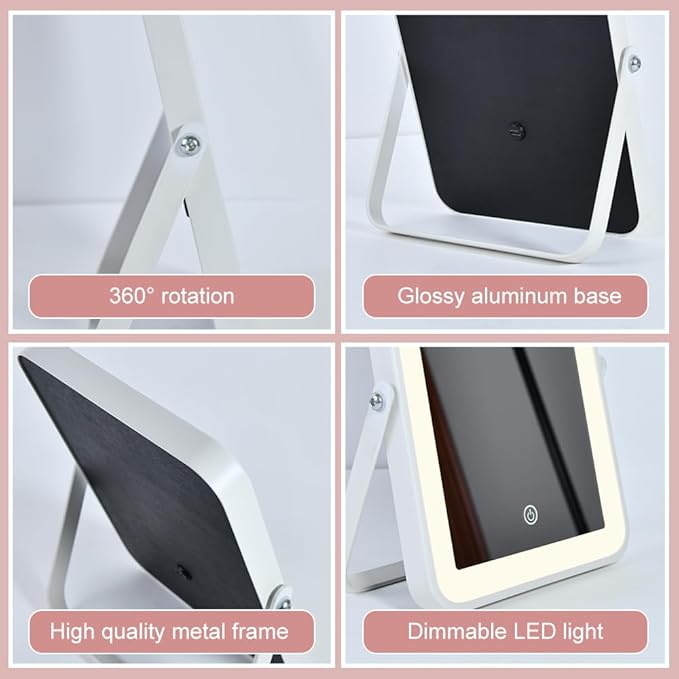 Rechargeable Vanity Mirror with Lights,Desk Makeup Mirror with Lights,Portable Travel for Makeup Desk ＆ Dressing Room,3 Color Lighting, Dimmable Touch Screen