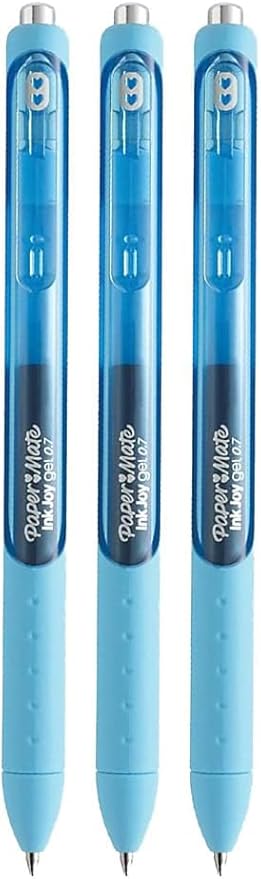 Paper Mate InkJoy Gel Pens, Bright Blue Ink, Medium Point (0.7mm), 3 Count, Bundle with Plastic Reusable Pouch