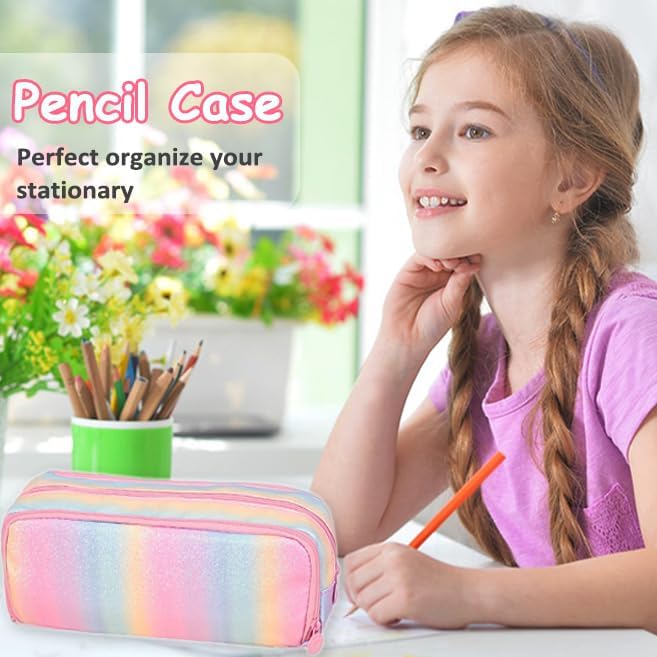 Glitter Rainbow Pencil Case for Girls, Large Capacity Pencil Pouch Pen Bag Organizer with 3 Compartments for Kids Student School Office Supplies, Cute Pencil Holder Pen Box Stationary Bag