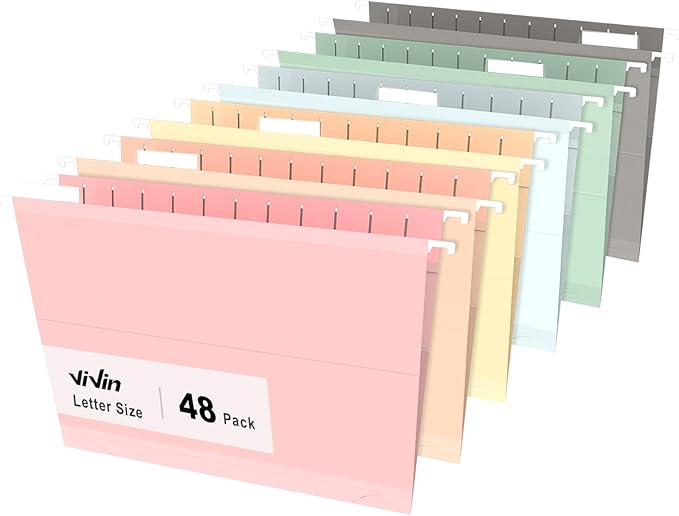 ViVin Hanging File Folders, 1/5-Cut Adjustable Tabs with 48 Per Box, 1 Inch Expansion, 48 Pack Letter Size Hanging File Folders, Designed for Office Home School Filing Cabinet(Assorted)
