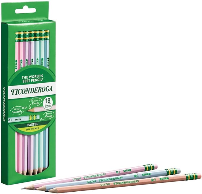 Ticonderoga Wood-Cased Pencils, Pre-Sharpened, 2 HB Soft, Pastel Colors, 18 Count