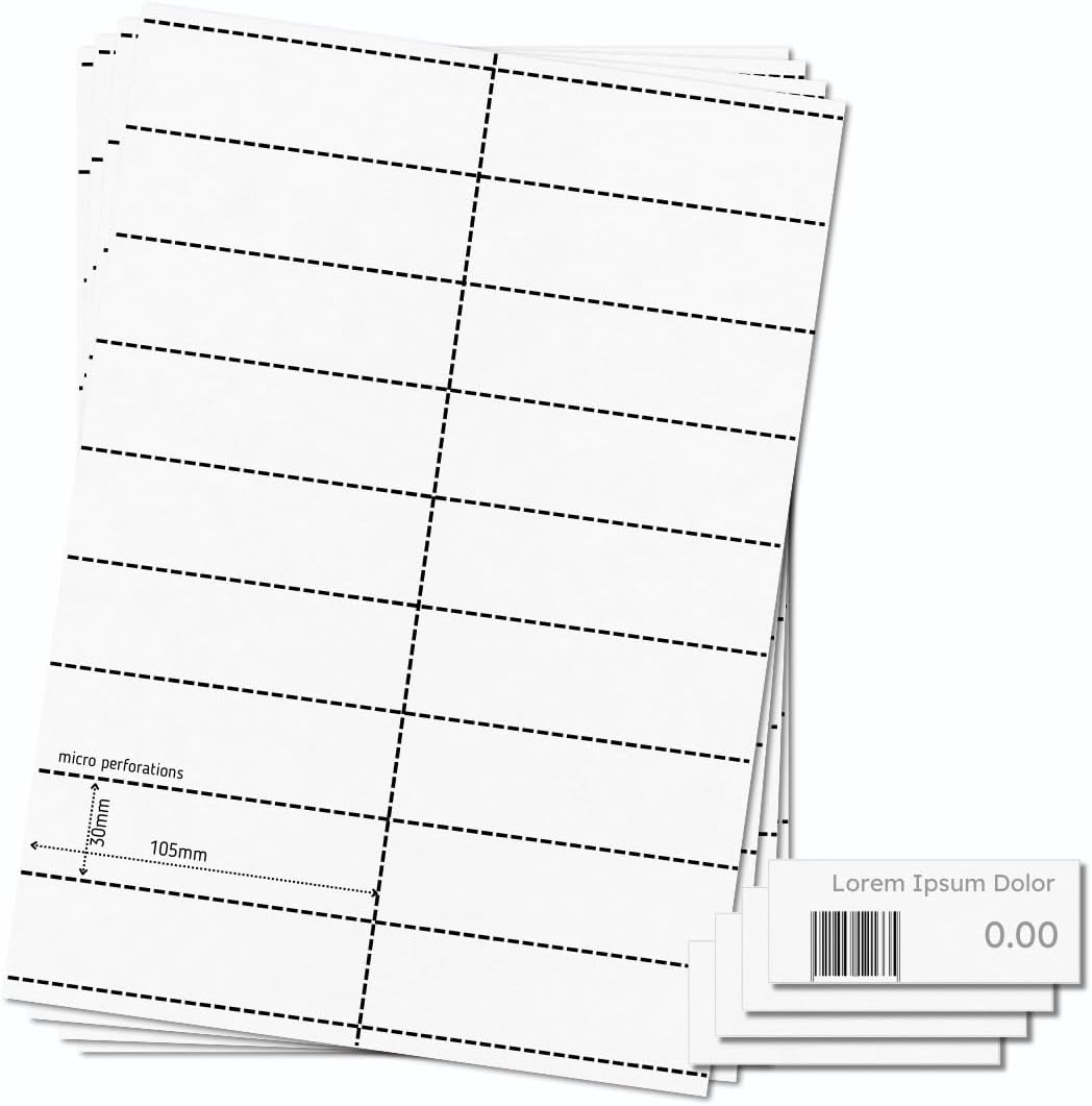 OfficeGear Shelf Edge Barcode Price Ticket Labels 18-up [25 Sheets - 450 Pack] 30x105mm Custom Printable A4 Card Micro Perforated Non-Adhesive Merchandise Tag with Free Downloadable Design Template