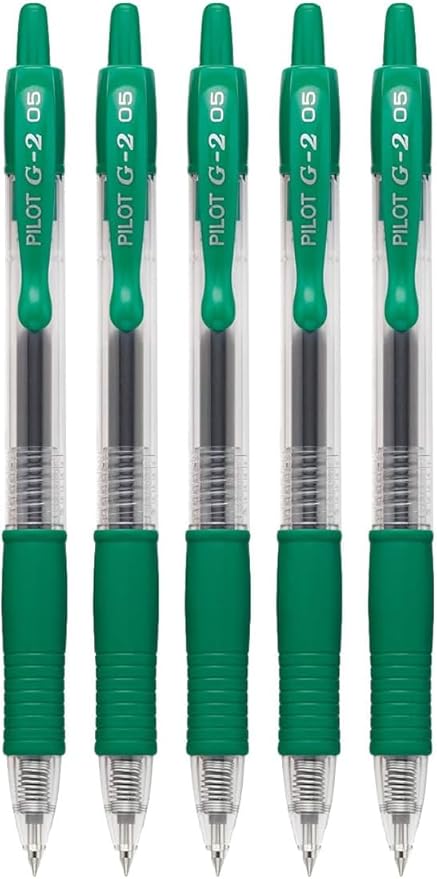 G2 Retractable Premium Gel Ink Roller Ball Pens Extra Fine Point (.5mm) Green Ink 5 pack; Refillable & Premium Comfort Grip Bundle with Plastic Reusable Pouch