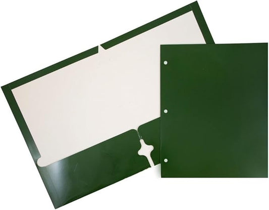 JAM PAPER Laminated Two Pocket Glossy 3 Hole Punch School Folders - Letter Size - High Gloss Green - Bulk 25/Pack