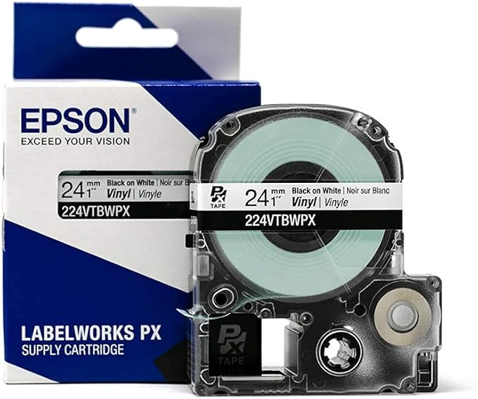 Epson LABELWORKS 224VTBWPX Genuine Tape Cartridge - Black on White Flexible and Durable Vinyl Industrial Label Maker Tape - 1" (24MM) Wide, 22.9 ft